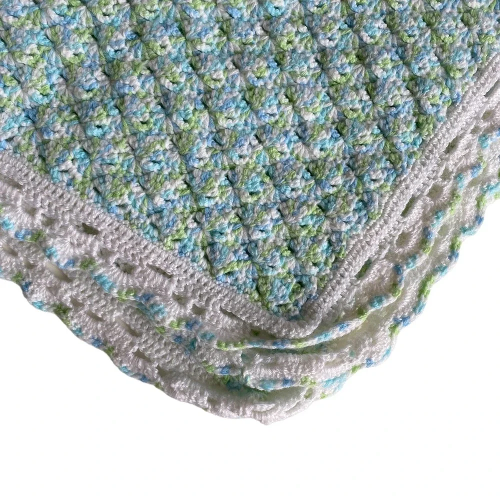 Handmade Knit or Crocheted Baby Blanket Pastel Colors Scalloped Edge
